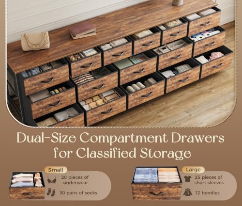 Huuger 77.6" Long Dresser for Bedroom, 16 Drawer Fabric Dresser for Closet, Wide Chest of Drawers with Storage, TV Stand for 65, 75, 85 Inch TV, 77.6" W x 13" D x 26.4" H, Rustic Brown