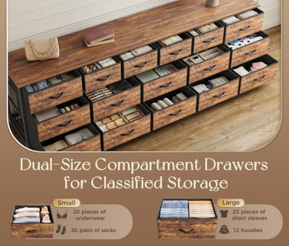 Huuger 77.6" Long Dresser for Bedroom, 16 Drawer Fabric Dresser for Closet, Wide Chest of Drawers with Storage, TV Stand for 65, 75, 85 Inch TV, 77.6" W x 13" D x 26.4" H, Rustic Brown