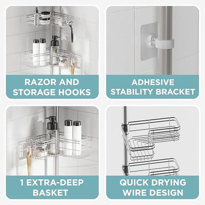Zenna Home Tension Pole Shower Caddy Corner Organizer, Adjustable Standing Shower Caddy with 4 L-shaped Baskets and Hooks, Rust Resistant Bathroom Tension Rod Organizer, 60 to 97 Inch, Satin Nickel