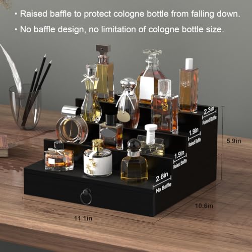 upcessory Cologne Organizer for Men 4 Tier Black Wood Perfume Organizer | with Felt Lining Drawer and Hidden Compartment, Perfume Display Holder, A Gift for Men