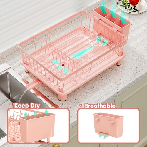 Dish Drying Rack, Stainless Steel-Dish Rack, Dish Racks for Kitchen Counter, Kitchen Dish Drainers with Removable Utensil Holder,New Drain Outlet,Plate Rack and Drainboard,(Pink-11 W x 15" L)