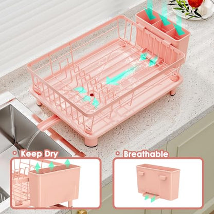 Dish Drying Rack, Stainless Steel-Dish Rack, Dish Racks for Kitchen Counter, Kitchen Dish Drainers with Removable Utensil Holder,New Drain Outlet,Plate Rack and Drainboard,(Pink-11 W x 15" L)