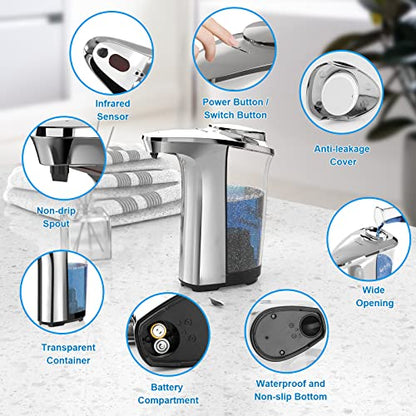 PZOTRUF Automatic Soap Dispenser, Touchless Dish Soap Dispenser 17oz/500ml with Infrared Sensor, 5 Adjustable Soap Dispensing Levels, Liquid Hand Dispenser for Bathroom Kitchen Sink (Silver)