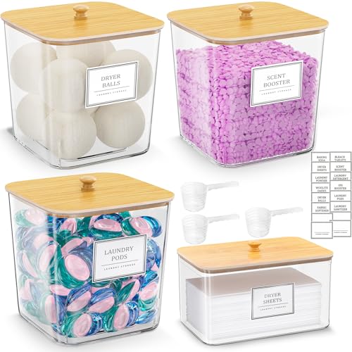 HomePekite Laundry Pods Storage Container, Clear Laundry Room Organization and Storage ,Detergent Powder Container,with Wooden Lids & Labels, 3+1 Pack