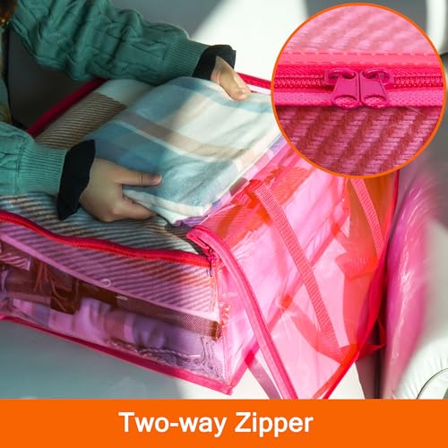 Pink 40L Clear Clothes Storage Bag with Zipper 3 Pack | Colorful Clothes Organizer, Vinyl Storage Bag for Comforter, Blanket, Bedding, Duvet, Transparent Moving Totes