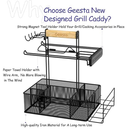 Grill Caddy for Outdoor Grill, BBQ Picnic Camping Caddy with Paper Towel Holder & Magnetic Tool Holder, Condiment Storage Utensil Kitchen Organizer for RV Camper, Tailgate Accessories