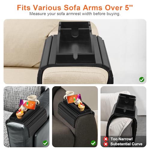 Joy&Grace Couch Cup Holder, 3-in-1 Magnetic Detachable Couch Arm Tray, Bamboo Sofa Armrest Table with Anti-Slip Pad, Sofa Armrest Tray Table (Black)