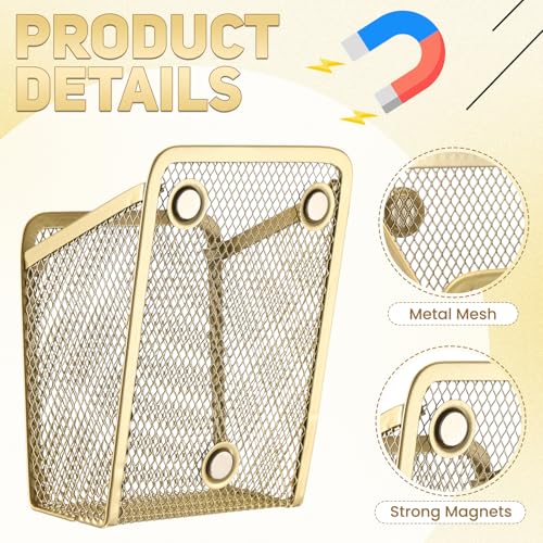 2 Pcs Large Magnetic Pencil Holder Mesh Stainless Steel Pen Basket Magnetic Pen Cups Storage Organizer for Fridge Whiteboard Blackboard Kitchen Refrigerator Locker Home Office School(Gold)