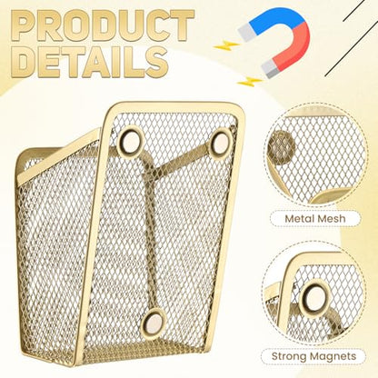 2 Pcs Large Magnetic Pencil Holder Mesh Stainless Steel Pen Basket Magnetic Pen Cups Storage Organizer for Fridge Whiteboard Blackboard Kitchen Refrigerator Locker Home Office School(Gold)