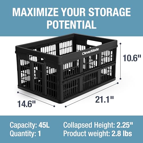 CleverMade Collapsible Utility Crate (100% Recycled) - 45L - Obsidian | Create Stackable Order for Groceries, Tools, and Gear | Each Crate Holds 66 lb, Folds Under 3 Inches, and Carries Easily