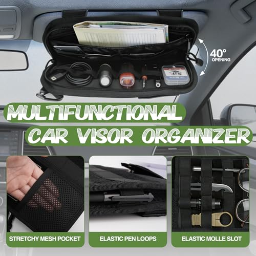 Car Sun Visor Organizer, Tactical Molle Panel Visor Storage Organizer with Sunglasses Holder for Police Gear & Overland Accessories, Universal Fit for Trucks, SUVs, Jeeps & Patrols, Black