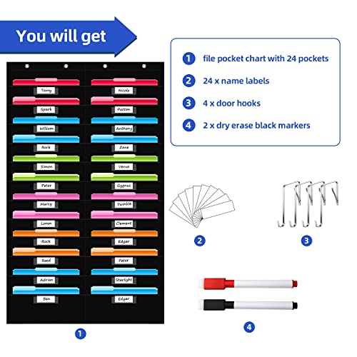 REGELETO 24 Pockets File Storage Pocket Chart with 24 Nametag Pockets, Hanging Wall File Organizer for Classroom and Office, Organize Your Assignments, Files, Scrapbooks, Paper (Black-24 pockets)