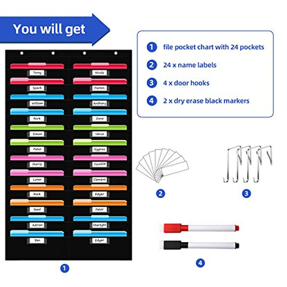 REGELETO 24 Pockets File Storage Pocket Chart with 24 Nametag Pockets, Hanging Wall File Organizer for Classroom and Office, Organize Your Assignments, Files, Scrapbooks, Paper (Black-24 pockets)