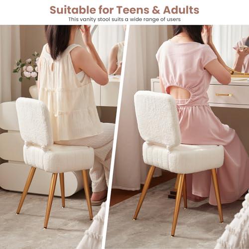 Updated Vanity Chair, Storage Ottoman with Folding Back & Gold-Toned Metal Legs, Ottoman Seat with Teddy Velvet for Dressing Room Living Room Bedroom, 16" x 12.5" Inch