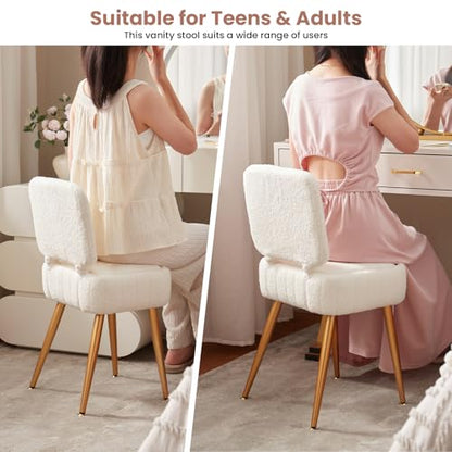Updated Vanity Chair, Storage Ottoman with Folding Back & Gold-Toned Metal Legs, Ottoman Seat with Teddy Velvet for Dressing Room Living Room Bedroom, 16" x 12.5" Inch