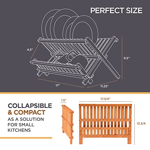 Collapsible Dish Drying Rack 2-Tier Bamboo Dish Drainer for Kitchen Counter | No Assembly Wooden Dish Rack, Compact Dish Strainer, Holds Plates Cups Bowls Mugs Utensils, Folds Flat for Small Kitchens, RV