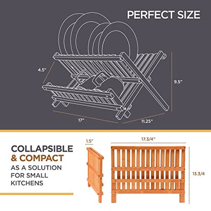 Collapsible Dish Drying Rack 2-Tier Bamboo Dish Drainer for Kitchen Counter | No Assembly Wooden Dish Rack, Compact Dish Strainer, Holds Plates Cups Bowls Mugs Utensils, Folds Flat for Small Kitchens, RV