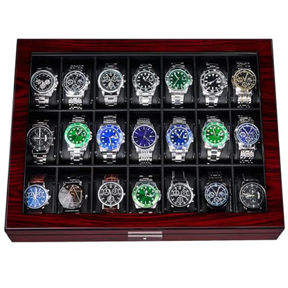 ANWBROAD 21 Slot Watch Cases for Men, Watch Box Organizer with Large Glass | Red Piano Finish, Lid Lockable Wooden Watch Display Case, Watch Organizer for Men Women Watch Holder, Watch Storage UJWB004Y