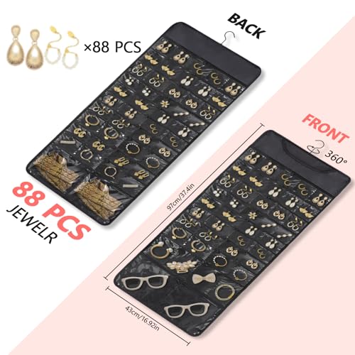 FOREGOER Hanging Jewelry Organizer Storage Roll 88 Zippered Pocket, 2-Sided | 88 Zipper Pockets, Dustproof Foldable for Travel, Accessories Organizer Holder for Earring Necklace Ring on Closet Wall Door