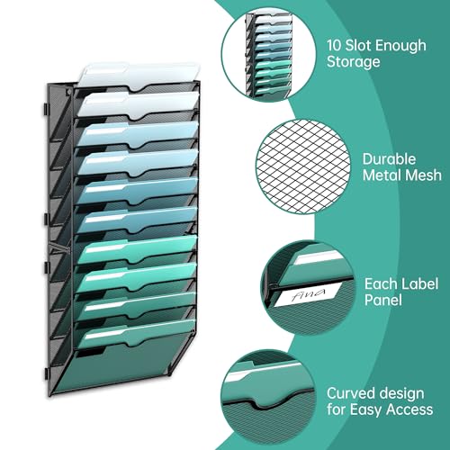10-Tier Wall File Organizer, Hanging File Holder, Wall Mounted Mail Sorter | Metal Mesh Hanging File Organizer with Open Compartments and Label Panels for Papers and Folders at Home, Office or School