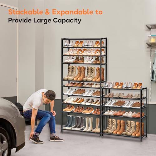 5-Tier Heavy Duty Shoe Rack for Garage Entryway, Stackable Shoe Organizer for 25 Pairs Men Boots, Shoe Rack for Closet Metal Shoe Storage Shelf, Floor, Hallway (Black)