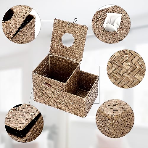 Sumnacon Tissue Box Cover Square Tissue Box Woven Seagrass Tissue Box Holder with Side Organizer, Rustic Tissue Holder for Living Room Bathroom Bedroom Kitchen Office Table Desk, Coffee
