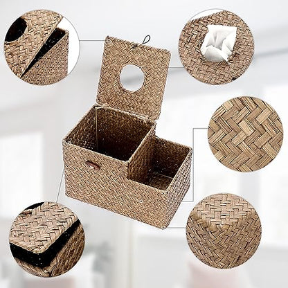 Sumnacon Tissue Box Cover Square Tissue Box Woven Seagrass Tissue Box Holder with Side Organizer, Rustic Tissue Holder for Living Room Bathroom Bedroom Kitchen Office Table Desk, Coffee