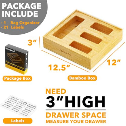 SpaceAid Bag Storage Organizer for Kitchen Drawer, Bamboo Organizer, Compatible with Gallon, Quart, Sandwich and Snack Variety Size Bag (1 Box 4 Slots)