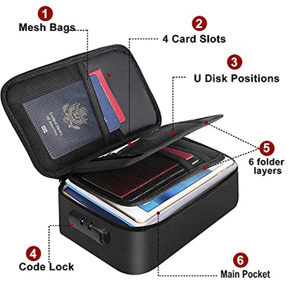 ENGPOW Small Fireproof Storage Organizer Case with Lock, 9”x 5.3”x 3.7” | Money Safe Wallet Carrying Bag with Multi-Pocket, Portable Home Travel for Cash,Card,Passport,Coin,Check,Bill,Soft Box,Black