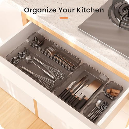 A-LuGei 【Military Grade】 Drawer Organizer,【𝟱𝗦𝗶𝘇𝗲】 Makeup organizer,【Holds 177 Items】 Bathroom Organizers and Storage,Organization and Storage,Desk Drawer Organizer for Vanity【Clear Black】