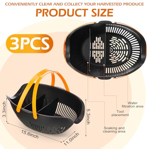 Nuogo 3 Pcs Garden Harvest Basket, Removable Partitions with Tool Caddy for Collecting, Carrying, and Cleaning Harvesting Basket Doubles as a Colander for Vegetables and Fruits Garden Accessories