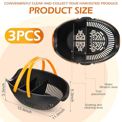 Nuogo 3 Pcs Garden Harvest Basket, Removable Partitions with Tool Caddy for Collecting, Carrying, and Cleaning Harvesting Basket Doubles as a Colander for Vegetables and Fruits Garden Accessories