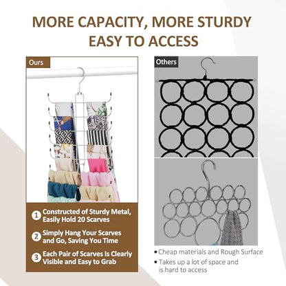 2 Pack Scarf Hanger, Scarf Organizer for Closet, Holds 40 Scarves | Sturdy Metal Scarf Holder Hijab Rack with 40 Hooks, 360° Rotating, Foldable Design, Hanging Closet Organizers and Storage