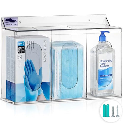LLC Clear Acrylic Medical Organizer Hygiene Station with Lid - 3 Compartment Glove Dispenser Wall Mount Container for Face Masks, Hairnet, Glovebox - Hair Net Dispenser