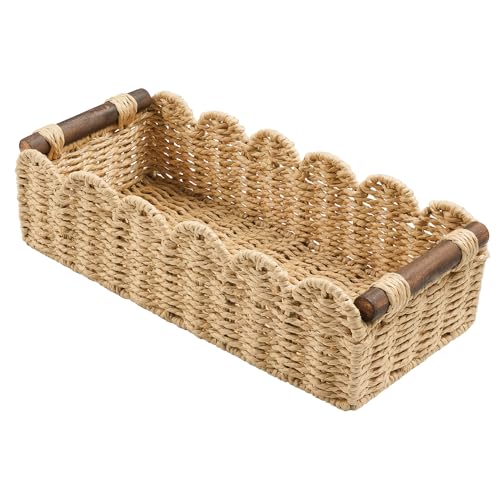 Bathroom Decor Basket for Toilet Paper Storage Baskets For Organizing | For Bedroom Living Room Kitchen Home Decor Scalloped Cute Basekt With Handle for Apartment Countertop,Beige