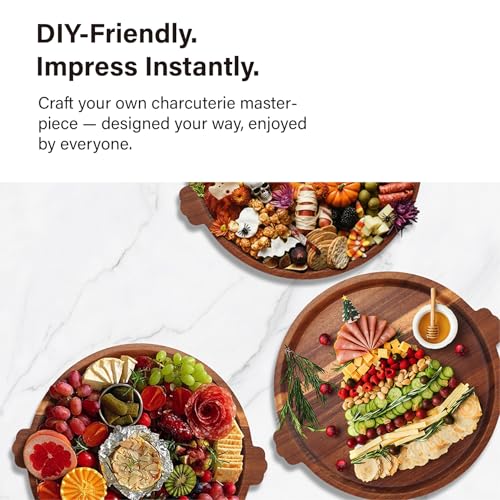 Charcuterie Board 13'' Wood Serving Platter Round Ottoman Coffee Table Tray | Acacia Wood Serving Tray with Handles, Wooden Cheese Board Circular Decorative Serving Platter for Party Supplies, 1 Board