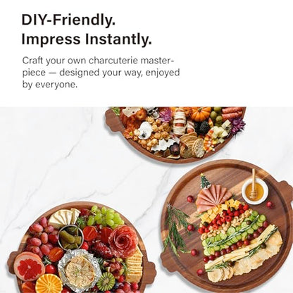 Charcuterie Board 13'' Wood Serving Platter Round Ottoman Coffee Table Tray | Acacia Wood Serving Tray with Handles, Wooden Cheese Board Circular Decorative Serving Platter for Party Supplies, 1 Board