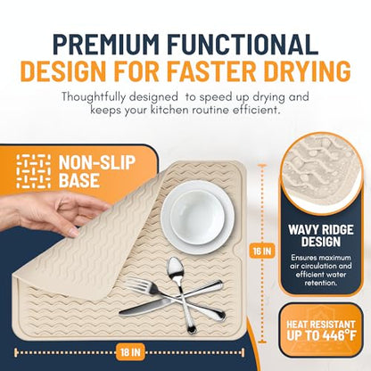 Silicone Dish Drying Mat for Kitchen Counter - Multi-Use 18 x 16 Inch Pad, Non-Slip & Heat-Resistant, Perfect Dish Drainer Mat by Linda’s Essentials, Ideal Kitchen Accessory (Beige)