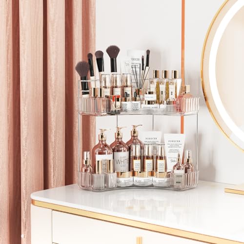 2-Tier Corner Bathroom Counter Organizer with Top Toothbrush Holders,Large Makeup Organizer Countertop with Brush Holder,Skincare Organizers Corner,Exquisite Vanity Organizer(Clear, 2 Tier)