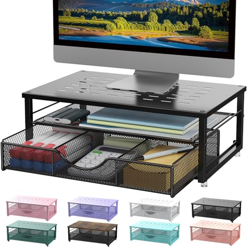 Computer Monitor Stand Riser with Drawer (Black | Alloy Steel)