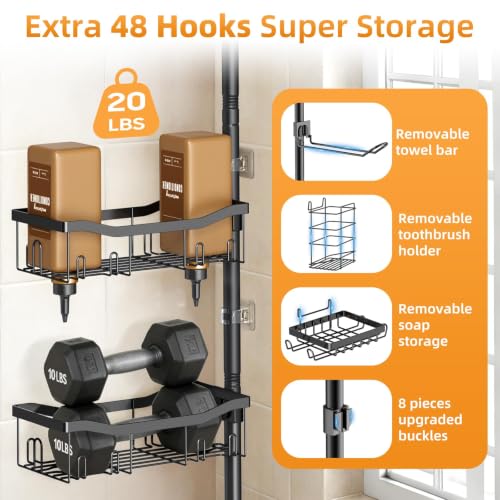 Shower Caddy Corner, 6 Tier Tension Pole Rod Bathroom Organizer Shelves, Adjustable Bathtub Shampoo Stand Rack with Towel Rack 2 Holders for Inside Shower Storage, 47-122 Inch, Black