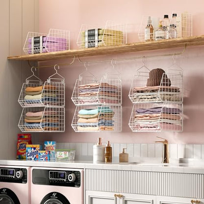X-cosrack 6 Tier Closet Hanging Organizer, Clothes Hanging Shelves with 4 Hanging Hooks 5 S Hooks, Wire Storage Basket Bins, for Clothing Sweaters Shoes Handbags Clutches Accessories Patent