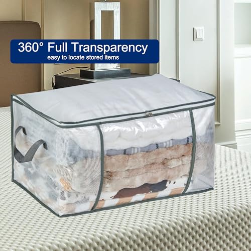 80L Clear Large Storage Bag for Clothes Comforters Blankets Pillows Bedding | Foldable Organizer with Sturdy Handle and Zippers, Storage Containers for Organizing Closet, Bedroom, Underbed, Dorm