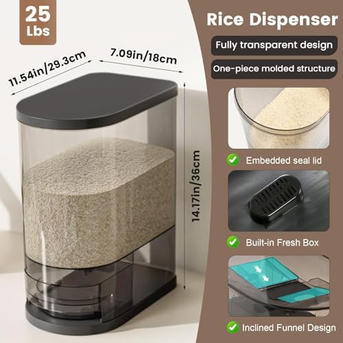 Large Rice Dispenser 22-25Lbs, Cereal Dispenser Rice Container Food Storage Container with Measuring Cup, Cereal Containers Storage Kitchen Storage Household Moisture Proof Holder, Black