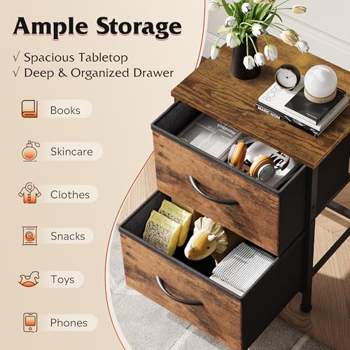 WLIVE Night Stand, Small Dresser with 2 Drawers & Wooden Top, Nightstand with Fabric Bins, Bedside Table End Table for Bedroom, Closet, Entryway, College Dorm, Rustic Brown | Nightstand with Fabric Bins, Bedside Table End Table for Bedroom, Kids Room