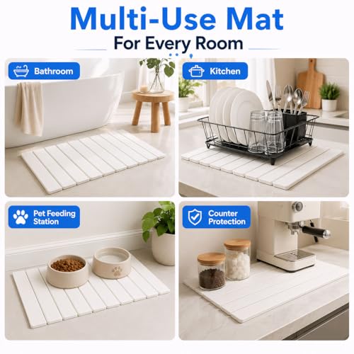 Foldable Stone Bath Mat, 23.6x15.5 Inch Super Absorbent Diatomaceous Earth Mat, Non-Slip Quick Drying and Easy to Clean for Bathroom, White