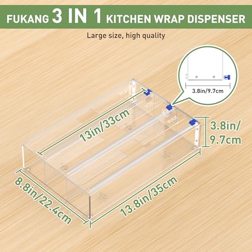Kitchen Wrap Organizer, Foil and Plastic Wrap Organizer 3 in 1 with Sliding Cutter, Acrylic Wrap Dispenser for Drawer or Wall Mount, Fits 12 Inch Rolls