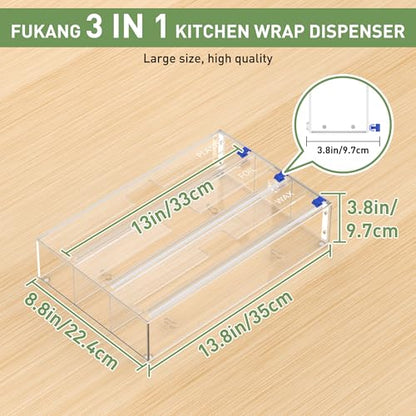 Kitchen Wrap Organizer, Foil and Plastic Wrap Organizer 3 in 1 with Sliding Cutter, Acrylic Wrap Dispenser for Drawer or Wall Mount, Fits 12 Inch Rolls