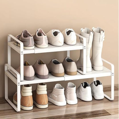 2-Pack Expandable Shoe Rack, Closet Organizer, 7" High, 15"-24" | Set of 2 1-Tier Metal Shelves; Adjustable Width Design; Compact Heavy-Duty Storage for Entryway, Bedroom & Small Spaces