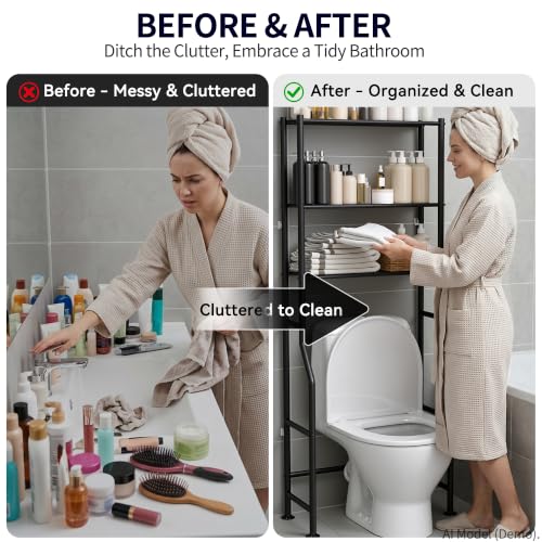 3-Tier Over The Toilet Storage, Freestanding Metal Bathroom Shelves, Space Saver Above The Over Toilet Storage Shelf for Bathroom (Black)